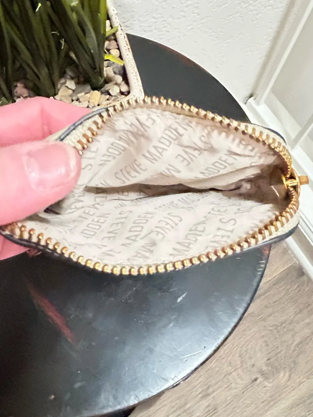Steve Madden Cream Keyring Zip Pouch with Gold Hardware